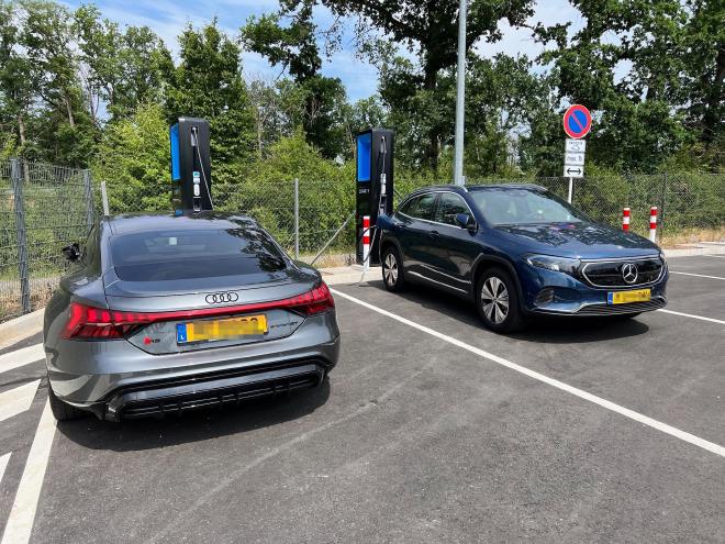 A poor-man&rsquo;s Mercedes and a rich-man&rsquo;s Audi charging together in perfect harmony in Luxembourg.